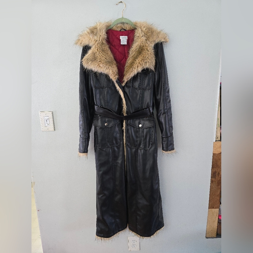 Faux Fur Trim Black Leather Coat